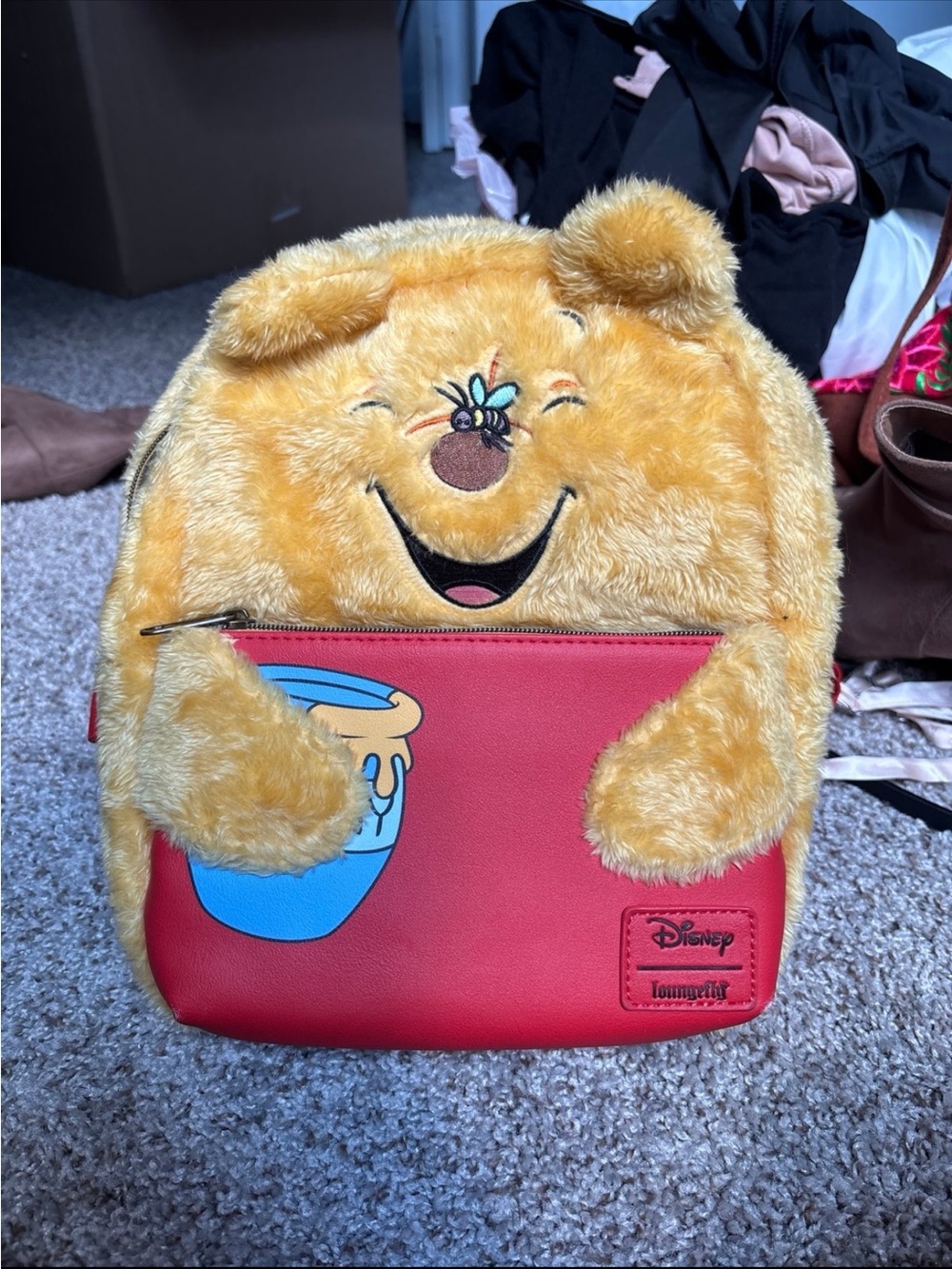 Disney Yellow Winnie the Pooh Plush Face Red Front Backpack